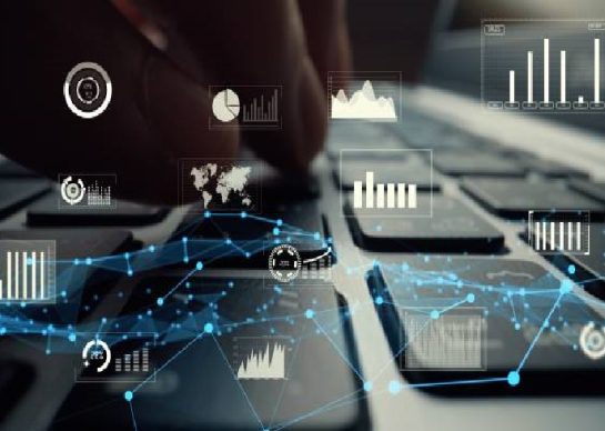 Creative visual of business big data and finance analysis on computer showing concept of statistical investment decision making methodology, fintech and financial engineering .