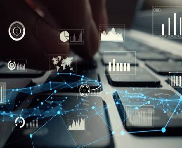 Creative visual of business big data and finance analysis on computer showing concept of statistical investment decision making methodology, fintech and financial engineering .